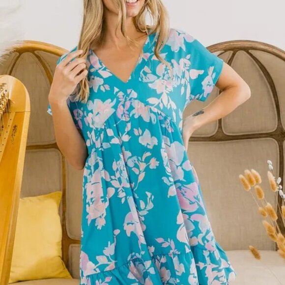 BiBi Floral Crinkle Shirred Ruffle Detail V‎ Neck Dress - Picture 14 of 16